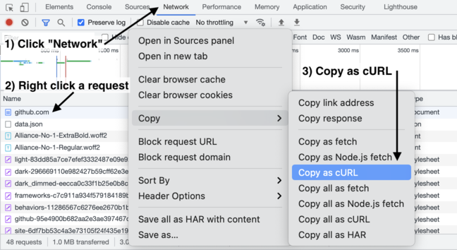 screenshot of browser DevTools showing how to copy a network request as curl